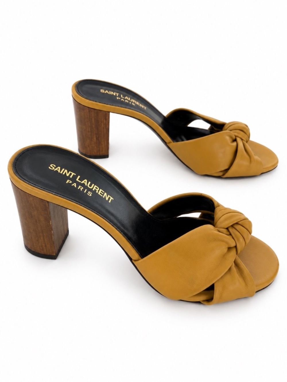 Saint Laurent YSL Mustard Leather Knot Wood Heel Mules Sandals Size 37.5 - Picture 2 of 9